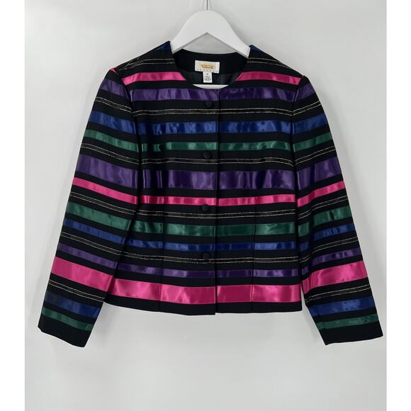 Talbots Jackets & Blazers - Talbots Vintage Jacket Womens 10 Black Satin Striped Colorful Button Front Retro